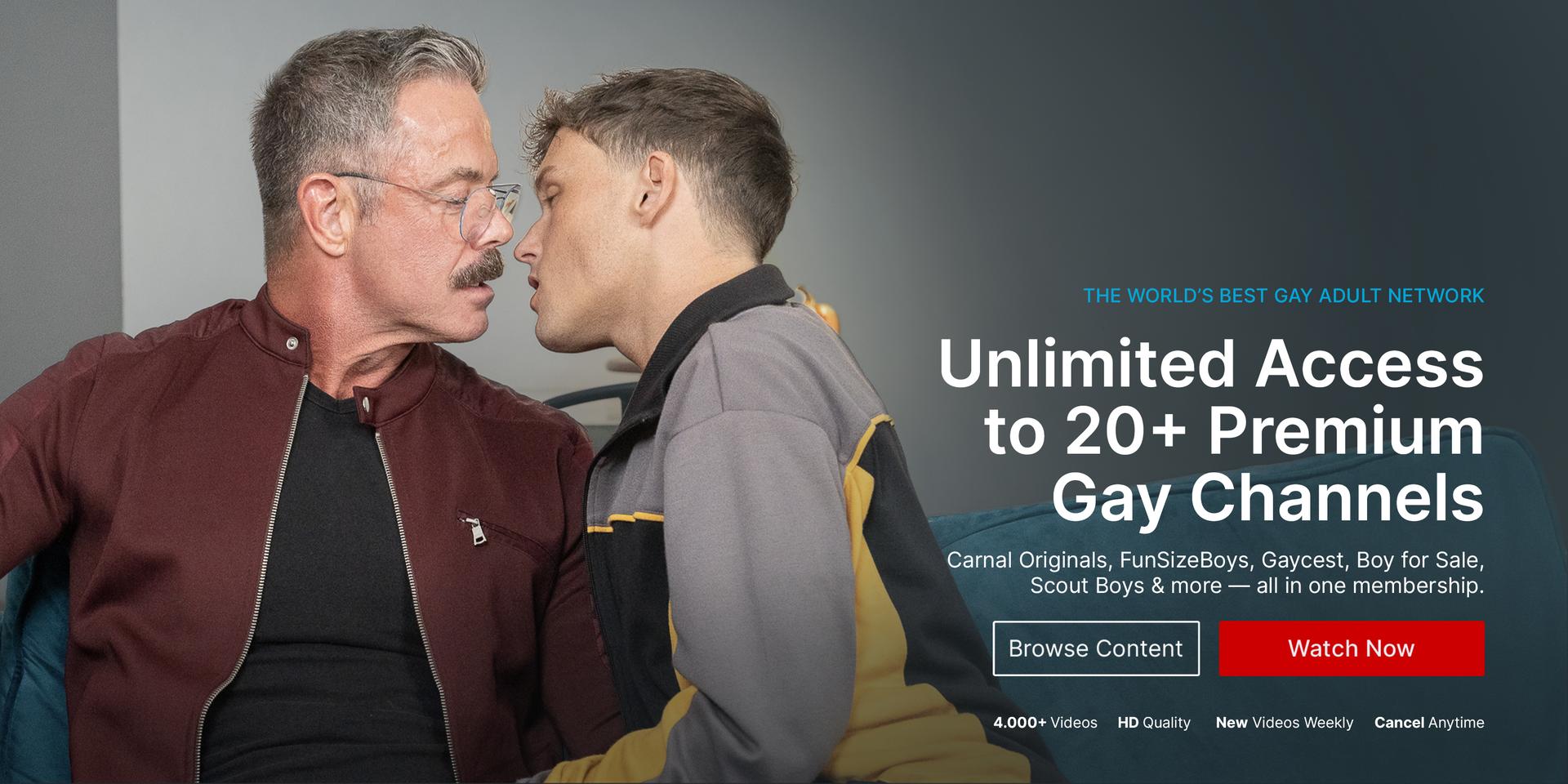Reece Scott and Hunter Scott kissing — Carnal Plus, the world's best gay adult network with unlimited access to 20+ premium gay channels